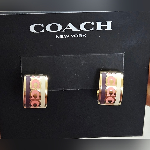 COACH NEW YORK GOLD ENAMEL PURPLE & PINK ENAMEL HOOP EARRINGS $85 - Picture 6 of 12
